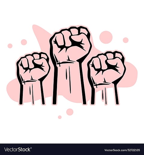 Fist hand power logo. Protest strong fist raised fight icon