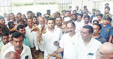 ಹುಣಸೂರು ತಾಲೂಕು ಕಟ್ಟೆಮಳಲವಾಡಿಯ ತಂಬಾಕು ಹರಾಜು ಮಾರುಕಟ್ಟೆಗೆ ಸಂಸದ ಯದುವೀರ್ ಕೃಷ್ಣದತ್ತ ಚಾಮರಾಜ ಒಡೆಯರ್ ಭೇಟಿ ನೀಡಿ ಪರಿಶೀಲಿಸಿದರು. ತಂಬಾಕು ಮಂಡಳಿ ಸದಸ್ಯ ಬಸವರಾಜು, ಹಬ್ಬನಕುಪ್ಪೆ ದಿನೇಶ್, ಕಾಂತರಾಜು, ಚಂದ್ರೇಗೌಡ, ವಿಕ್ರಂಗೌಡ ಇದ್ದರು.