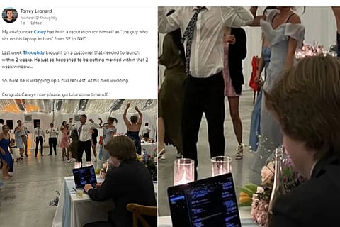 groom seen working on a laptop