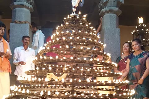 Sri Hemagiri Math decorated with lights