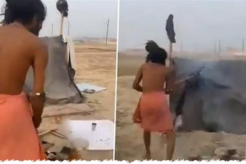 Family Cooks Chicken in Maha Kumbh