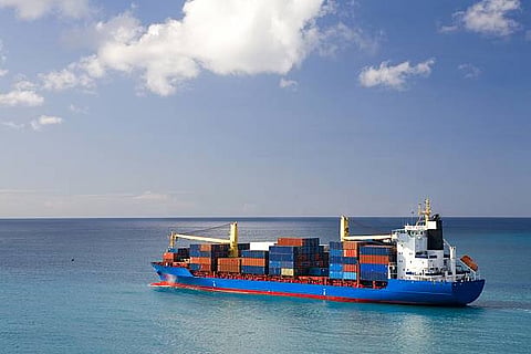 container ship on caribbean sea- at barbados