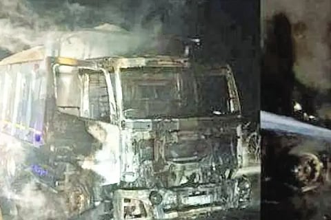The tire burst and the lorry was burnt