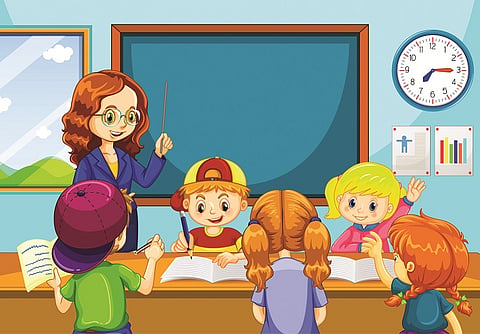 Teacher teaching students in the classroom scene