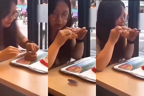 girl catches cockroach