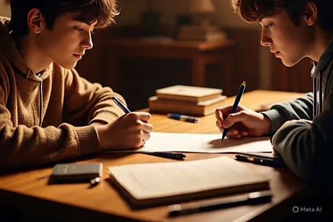 youth sitting and writing a letter