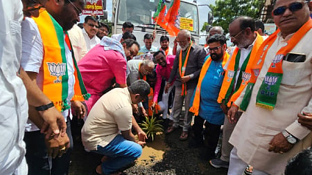 Protest by planting saplings on potholes as funds are not released for development