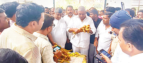 ಪಿರಿಯಾಪಟ್ಟಣ ತಾಲೂಕಿನ ಕಗ್ಗುಂಡಿ ತಂಬಾಕು ಹರಾಜು ಮಾರುಕಟ್ಟೆ ಆವರಣದಲ್ಲಿ ತಂಬಾಕು ಹರಾಜು ಪ್ರಕ್ರಿಯೆಗೆ ಸಚಿವ ಕೆ.ವೆಂಕಟೇಶ್ ಚಾಲನೆ ನೀಡಿದರು. ನಿತಿನ್ ವೆಂಕಟೇಶ್, ಡಿ.ಟಿ.ಸ್ವಾಮಿ, ರಹಮತ್ ಜಾನ್ ಬಾಬು ಇತರರು ಇದ್ದಾರೆ.
