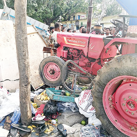 a tractor that crashed into a shop