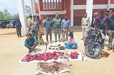 ಗುಂಡ್ಲುಪೇಟೆ ತಾಲೂಕಿನ ಚೌಡಹಳ್ಳಿ ಸಮೀಪ ಅಕ್ರಮಬೇಟೆಗಾರರಿಂದ ಜಿಂಕೆ ಮಾಂಸ ಹಾಗೂ ಕೃತ್ಯಕ್ಕೆ ಬಳಸಲಾಗಿದ್ದ ಆಯುಧಗಳನ್ನು ಅರಣ್ಯಾಧಿಕಾರಿಗಳು ವಶಪಡಿಸಿಕೊಂಡಿದ್ದಾರೆ. 