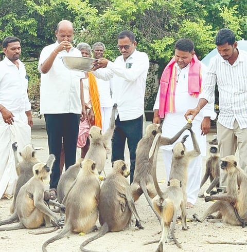 ನರೇಂದ್ರ ಮೋದಿ ಪ್ರಧಾನಿಯಾಗಿ 12 ವರ್ಷ ಯಶಸ್ವಿ ಆಡಳಿತ ಪೂರ್ಣಗೊಳಿಸಿದ್ದಕ್ಕಾಗಿ ಜೆಡಿಎಸ್ ಯುವ ಘಟಕದಿಂದ ಗಂಗಾವತಿ ತಾಲೂಕಿನ ಪಂಪಾಸರೋವರದ ಶ್ರೀ ವಿಜಯಲಕ್ಷ್ಮಿದೇಗುಲ ಆವರಣದ ಕೋತಿಗಳಿಗೆ ಹಣ್ಣು ಹಂಪಲಗಳನ್ನು ಬುಧವಾರ ವಿತರಿಸಲಾಯಿತು. ಜೆಡಿಎಸ್ ಯುವ ಘಟಕದ ರಾಜ್ಯ ಕಾರ್ಯಾಧ್ಯಕ್ಷ ರಾಜು ನಾಯಕ, ತಾಲೂಕಾಧ್ಯಕ್ಷ ಕಷ್ಣ ನಾಯಕ, ಕಂಪ್ಲಿ ವಿಧಾನಸಭಾ ಕ್ಷೇತ್ರದ ತಾಲೂಕು ಅಧ್ಯಕ್ಷ ಮೇಘರಾಜ, ವಿವಿಧ ಘಟಕಗಳ ಪದಾಧಿಕಾರಿಗಳಾದ ಹನುಮಂತಪ್ಪ ಬೇವೂರ, ರಮೇಶ ಕೋನಸಾಗರ ಇತರರಿದ್ದರು.