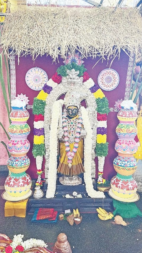 ಸಂಕ್ರಾಂತಿ ಹಬ್ಬ ಅಂಗವಾಗಿ ಮದ್ದೂರು ನಗರದ ಪುರಾಣ ಪ್ರಸಿದ್ಧ ಶ್ರೀ ಮದ್ದೂರಮ್ಮ ದೇವಸ್ಥಾನದಲ್ಲಿ ದೇವರಿಗೆ ವಿಶೇಷ ಅಲಂಕಾರ ಮಾಡಿರುವುದು.