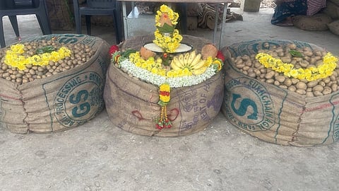 ಹಾಸನದ ಎಪಿಎಂಸಿ ಮಾರುಕಟ್ಟೆಯಲ್ಲಿ ಬಿತ್ತನೆ ಆಲೂಗಡ್ಡೆ ಮಾರಾಟ ಆರಂಭವಾಯಿತು. 