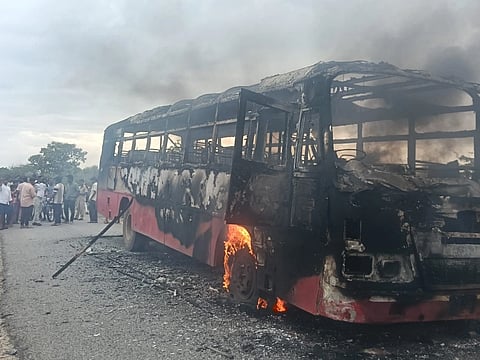 Transport bus gutted by fire due to technical fault.