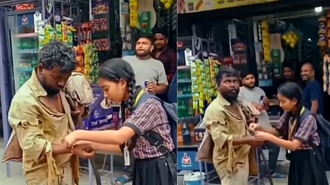 ಪುಟ್ಟ ಶಾಲಾ ಬಾಲಕಿ ನಿರ್ಗತಿಕ ವ್ಯಕ್ತಿಯ ಕೈಗೆ ರಾಖಿ ಕಟ್ಟುತ್ತಿರುವ ಭಾವುಕ ದೃಶ್ಯ