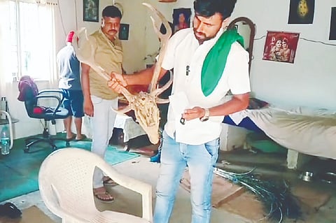 ಗುಂಡ್ಲುಪೇಟೆ ತಾಲೂಕಿನ ಮಂಗಲ ಗ್ರಾಮ ಪಂಚಾಯಿತಿ ವ್ಯಾಪ್ತಿಯ ಹೋಂಸ್ಟೇನಲ್ಲಿ ಸಿಕ್ಕಿದ ವನ್ಯಜೀವಿಗಳ ಅವಶೇಷಗಳನ್ನು ರೈತಮುಖಂಡರು ಪ್ರದರ್ಶಿಸಿದರು.