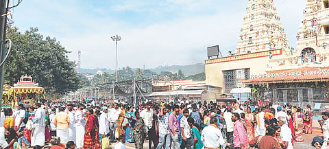  ಮಲೆಮಹದೇಶ್ವರ ಬೆಟ್ಟದ ಮಾದಪ್ಪನ ಸನ್ನಿಧಿಯ ಆವರಣದಲ್ಲಿ ಶುಕ್ರವಾರ ನೆರೆದಿದ್ದ ಭಕ್ತರು. 
