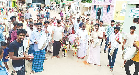 ಮಳೆಗಾಗಿ ಪ್ರಾರ್ಥಿಸಿ ಕೂಡ್ಲಿಗಿ ಪೇಟೆ ಬಸವೇಶ್ವರ ದೇವಸ್ಥಾನದ ದೈವಸ್ಥರು ಗುರ್ಜಿಯೊಂದಿಗೆ ಕಪ್ಪೆ, ಕತ್ತೆಗಳ ಮೆರವಣಿಗೆ ನಡೆಸಿದರು. 