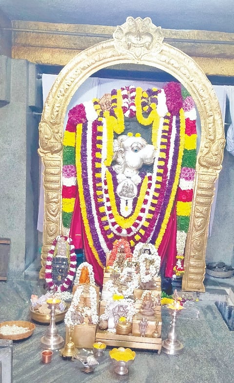 ಎಳ್ಳಿನ ಅಮಾವಾಸ್ಯೆ ಅಂಗವಾಗಿ ಮದ್ದೂರು ನಗರದ ಪುರಾಣ ಪ್ರಸಿದ್ಧ ಹೊಳೆ ಆಂಜನೇಯಸ್ವಾಮಿ ದೇಗುಲದಲ್ಲಿ ದೇವರಿಗೆ ವಿಶೇಷ ಅಲಂಕಾರ ಮಾಡಿರುವುದು.