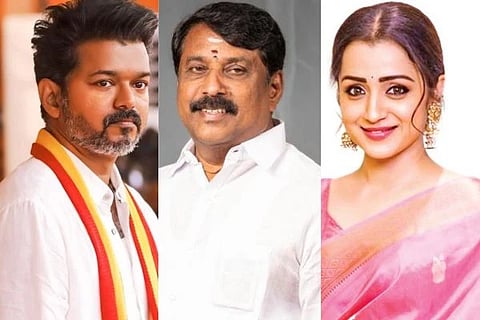 ತಮಿಳುನಾಡು ಬಿಜೆಪಿ ಮುಖ್ಯಸ್ಥ ನೈನಾರ್ ನಾಗೇಂದ್ರನ್, ನಟಿ ತ್ರಷಾ ಕೃಷ್ಣನ್​, ತಳಪತಿ ವಿಜಯ್​