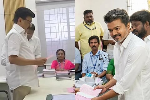 ಸಿಎಂ ಎಂ.ಕೆ.ಸ್ಟಾಲಿನ್ ಮತ್ತು ವಿಜಯ್ ನಾಮಪತ್ರ ಸಲ್ಲಿಸಿರುವುದು. 
