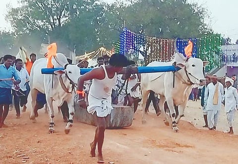 ಯಾದಗಿರಿ ಜಿಲ್ಲೆ ಪೂಲಭಾವಿ ಹನುಮಂತ ದೇವರ ಜಾತ್ರೆಯಲ್ಲಿ ಭಾರದ ಕಲ್ಲು ಎಳೆದು ಪ್ರಥಮ ಸ್ಥಾನ ಗಳಿಸಿದ ಹನುಮಪ್ಪ ಕಾಟಗಲ್ ಎತ್ತುಗಳು.