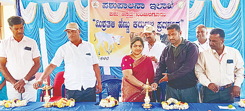 ತಾಲೂಕಿನ ಕಳಲೆ ಗ್ರಾಮದಲ್ಲಿ ಪಶು ಇಲಾಖೆ ಹಾಗೂ ಹಾಲು ಉತ್ಪಾದಕರ ಸಹಕಾರ ಸಂಘದ ಸಂಯುಕ್ತ ಆಶ್ರಯದಲ್ಲಿ ಮಿಶ್ರ ತಳಿ ಹೆಣ್ಣು ಕರುಗಳ ಪ್ರದರ್ಶನ ಕಾರ್ಯಕ್ರಮವನ್ನು ಡಾ. ಮೋಹನ್ ಕುಮಾರ್ ಉದ್ಘಾಟಿಸಿದರು. ಗ್ರಾಪಂ ಅಧ್ಯಕ್ಷ ಲತಾ ಮಹೇಶ್, ಮಹೇಶ್, ಹರೀಶ್ ಇತರರು ಇದ್ದರು.
