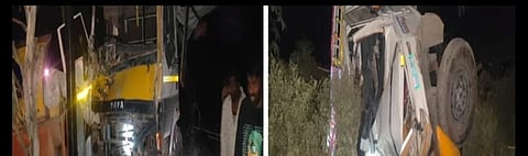 ಮುಖಾಮುಖಿ ಡಿಕ್ಕಿ ಹಿನ್ನೆಲೆಯಲ್ಲಿ ನುಜ್ಜುಗುಜ್ಜಾಗಿರುವ ವಾಹನಗಳು