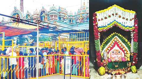 ಶ್ರೀ ಹುಲಿಗೆಮ್ಮ ದೇವಿ ದರ್ಶನಕ್ಕಾಗಿ ಭಕ್ತರು ಸರತಿ ಸಾಲಿನಲ್ಲಿ ನಿಂತಿರುವುದು. ಹುಲಿಗಿಯ ಶ್ರೀ ಹುಲಿಗೆಮ್ಮ ದೇವಿ ಮೂರ್ತಿಗೆ ವಿಶೇಷವಾಗಿ ಅಲಂಕಾರ ಮಾಡಿರುವುದು.