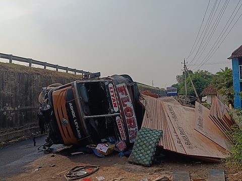 Lorry overturns after driver loses control
