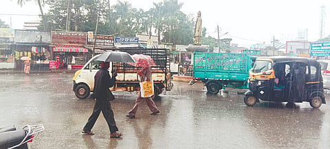 ಬೇಲೂರು ಪಟ್ಟಣದಲ್ಲಿ ಸೋಮವಾರ ಸಂಜೆ ಬಿರುಸಾಗಿ ಬಂದ ಮಳೆ.