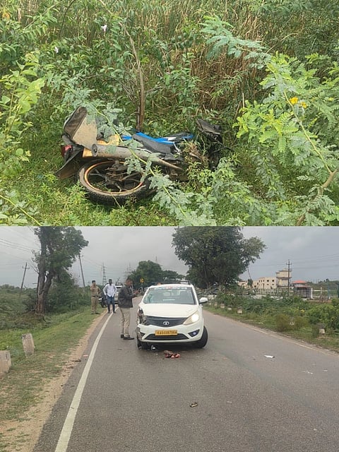 ರೋಣ ತಾಲೂಕಿನ ಜಿಗಳೂರ ಪಾರ್ಕ್ ಬಳಿ ಸಂಭವಿಸಿದ ಅಪಘಾತದಲ್ಲಿ ಕಾರ್, ಬೈಕ್ ಜಖಂಗೊಂಡಿರುವುದು.