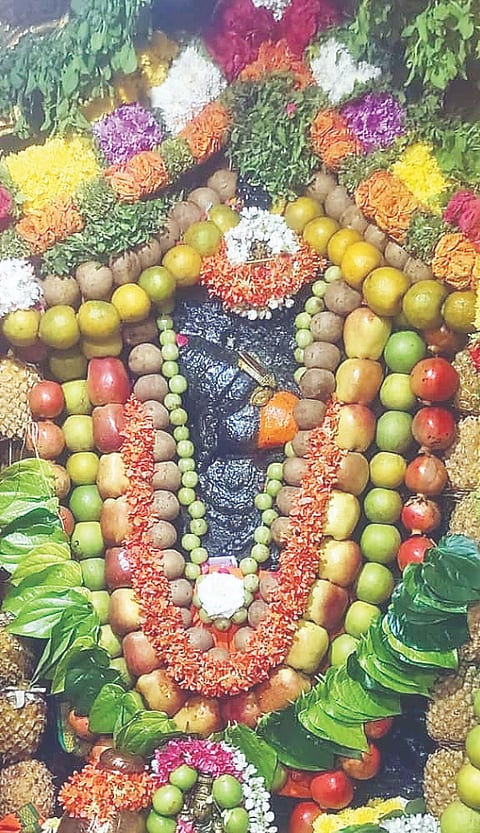 ಮೇಲುಕೋಟೆ ಕಾರ್ಯಸಿದ್ಧಿ ವೀರಾಂಜನೇಯಸ್ವಾಮಿಗೆ ವಿವಿಧ ಹಣ್ಣುಗಳಿಂದ ಹಾರಹಾಕಿ ಅಲಂಕರಿಸಲಾಗಿತ್ತು. 