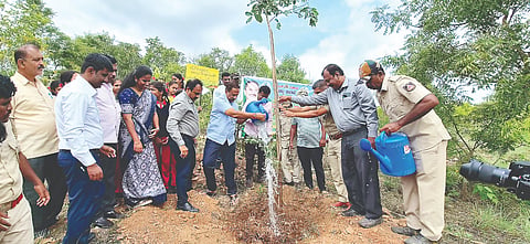 ಕರಿಘಟ್ಟ ಬೆಟ್ಟದ ಸಾಲುಮರದ ತಿಮ್ಮಕ್ಕ ಉದ್ಯಾನವನದಲ್ಲಿ ಅರಣ್ಯ ಇಲಾಖೆ ಮತ್ತು ಶಾಲಾ ಶಿಕ್ಷಣ ಇಲಾಖೆ ವತಿಯಿಂದ ಹಮ್ಮಿಕೊಂಡಿದ್ದ ವನಮಹೋತ್ಸವ ಕಾರ್ಯಕ್ರಮದಲ್ಲಿ ಶಾಸಕ ಎ.ಬಿ.ರಮೇಶ ಬಂಡಿಸಿದ್ದೇಗೌಡ ಅವರು ರೈತರಿಗೆ ಸಸಿಗಳನ್ನು ವಿತರಿಸಿದರು. ಡಿ.ರಘು, ಚೇತನಾ ಯಾದವ್, ಮಹದೇವಸ್ವಾಮಿ ಇತರರು ಇದ್ದರು.