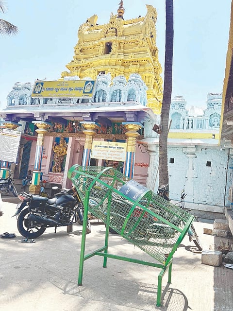 ಕನಕಗಿರಿ ಶ್ರೀ ಕನಕಾಚಲ ದೇವಸ್ಥಾನ ಮುಂಭಾಗದಲ್ಲಿ ಪ್ಲಾಸ್ಟಿಕ್ ಬಾಟಲ್ ಸಂಗ್ರಹಕ್ಕಾಗಿ ಬಾಟಲಿ ಮಾದರಿ ತೊಟ್ಟಿ ಇರಿಸಿರುವುದು..