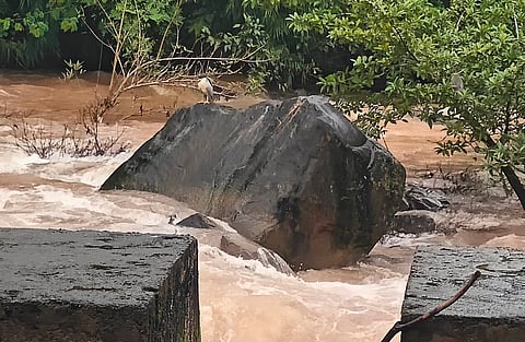 ಕಟೀಲು ದೇವಳದ ಮುಂಭಾಗದಲ್ಲಿ ಭೋಜನ ಶಾಲೆಗೆ ತೆರಳುವ ಸೇತುವೆ ಬಲ ಭಾಗದಲ್ಲಿರುವ ರಜೆಕಲ್ಲು.  