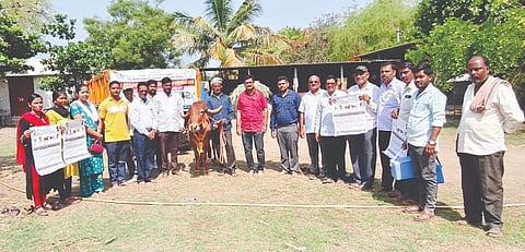 ಮೂಡಲಗಿ ಪಟ್ಟಣದ ಶಿವಬೋಧರಂಗ ಮಠದ ಗೋ ಶಾಲೆಯಲ್ಲಿ ಕಾಲುಬಾಯಿ ರೋಗದ ಲಸಿಕೆ ಹಾಕುವ ಅಭಿಯಾನ ಗಣ್ಯರು ಚಾಲನೆ ನೀಡಿದರು. ಎಸ್.ಎಸ್.ರೊಡ್ಡನವರ, ಮೋಹನ ಕಮತ, ಡಾ.ಪ್ರಶಾಂತ ಕುರಬೇಟ, ಎಸ್.ಪಿ.ಆದಪ್ಪಗೋಳ ಇತರರಿದ್ದರು.