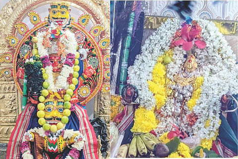 ಹಟ್ಟಿ ಗ್ರಾಮದಲ್ಲಿ ಜಾತ್ರೋತ್ಸವ ನಿಮಿತ್ತ ಶ್ರೀ ದುರ್ಗಾಂಬೆ ದೇವಿ, ಶ್ರೀ ಲಕ್ಕಾಂಬೆ ದೇವಿಗೆ ವಿಶೇಷ ಅಲಂಕಾರ ಮಾಡಿರುವುದು.