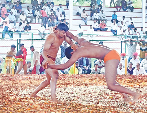 ನಗರದ ಡಿ.ದೇವರಾಜು ಅರಸು ಕ್ರೀಡಾಂಗಣದಲ್ಲಿ ಆಯೋಜಿಸಿದ್ದ ಕುಸ್ತಿ ಪಂದ್ಯಾವಳಿಯಲ್ಲಿ ಇಬ್ಬರು ಕುಸ್ತಿಪಟುಗಳ ನಡುವಿನ ಕಾದಾಟದ ರೋಚಕ ಕ್ಷಣ.
