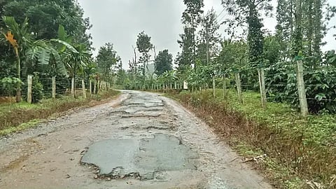 ಮೂಡಿಗೆರೆ ತಾಲೂಕಿನ ಉದುಸೆ ಗ್ರಾಮದ ರಸ್ತೆ ಡಾಂಬರ್ ಕಿತ್ತುಹೋಗಿ ಗುಂಡಿಯಾಗಿರುವುದು.