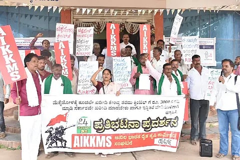 ಮೆಕ್ಕೆಜೋಳಕ್ಕೆ (Maize) ಕ್ವಿಂಟಲ್​ಗೆ 3000 ರೂ. ಬೆಂಬಲ ಬೆಲೆ ನಿಗದಿಪಡಿಸಬೇಕೆಂದು ಆಗ್ರಹಿಸಿ ರೈತರು ಹುಬ್ಬಳ್ಳಿಯಲ್ಲಿ ಸೋಮವಾರ ಪ್ರತಿಭಟನೆ ನಡೆಸಿದರು. ದೀಪಾ ಧಾರವಾಡ, ರಾಮಣ್ಣ ಗಾಣಗೇರ, ಅಣ್ಣಪ್ಪ ಕುಲಕರ್ಣಿ, ಯಲ್ಲಪ್ಪ ಹುಬ್ಬಳ್ಳಿ, ಸಂಗಮೇಶ ಉಣಕಲ್, ಬಸವರಾಜ ಮೊರಬದ, ಇತರರು ಇದ್ದರು.
