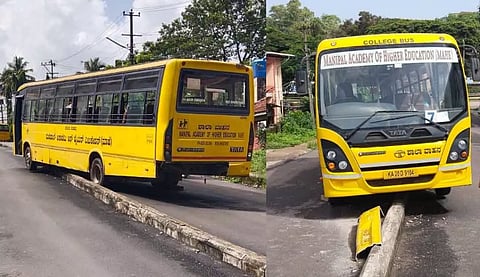 ಚಾಲಕನಿಗೆ ಹೃದಯಾಘಾತವುಂಟಾಗಿ ಮಣಿಪಾಲದಲ್ಲಿ ಡಿವೈಡರ್​ಗೆ ಢಿಕ್ಕಿ ಹೊಡೆದು ನಿಂತ ಖಾಸಗಿ ಶಾಲಾ ವಾಹನ.