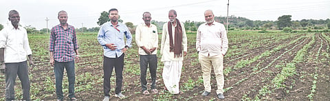 ಚಿಂಚೋಳಿ ತಾಲೂಕು ಚಿಮ್ಮನಚೋಡ ಗ್ರಾಮದ ಜಮೀನಿಗೆ ಗುರುವಾರ ಭೇಟಿ ನೀಡಿ ನೆಲಕಚ್ಚಿದ ಹೆಸರು ಬೆಳೆ ಪರಿಶೀಲಿಸಿದ ದ ಜಂಟಿ ಕೃಷಿ ನಿರ್ದೇಶಕ ಸಮದ್​ ಪಟೇಲ್​ ಎದುರು ರೈತರು ಗೋಳು ತೋಡಿಕೊಂಡರು.