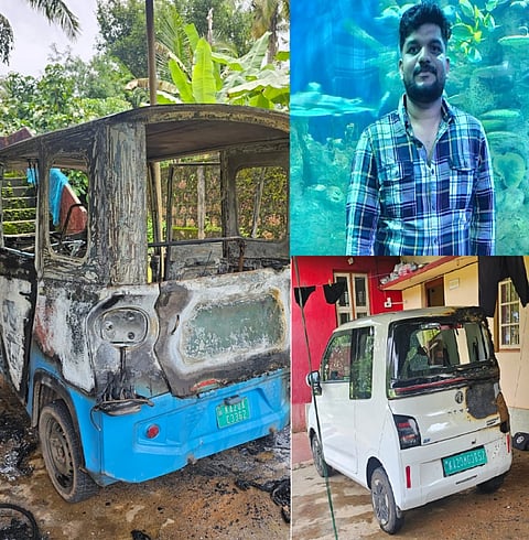 ಉಡುಪಿಯ ಪೆರಂಪಳ್ಳಿಯಲ್ಲಿ ಬೆಂಕಿ ತಗುಲಿ ಸುಟ್ಟುಕರಕಲಾದ ಆಟೋ. ಸಮಯ ಪ್ರಜ್ಞೆಯಿಂದ ಮನೆಯವರನ್ನು ರಕ್ಷಿಸಿದ ಇಂಜಿನಿಯರ್​ ಮನೋಜ್​. ರಕ್ಷಣೆಗೊಳಗಾದ ಕಾರು.