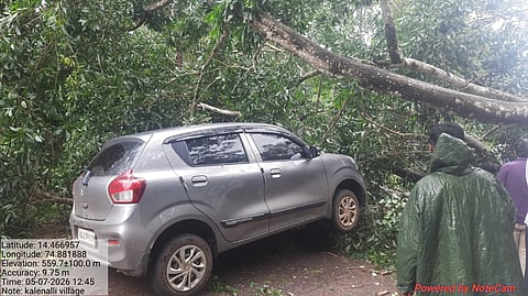 ಹೆದ್ದಾರಿಯಲ್ಲಿ ಮರ‌ಬಿದಗದು ಕಾರು ಪಾರಾಗಿದರ 
