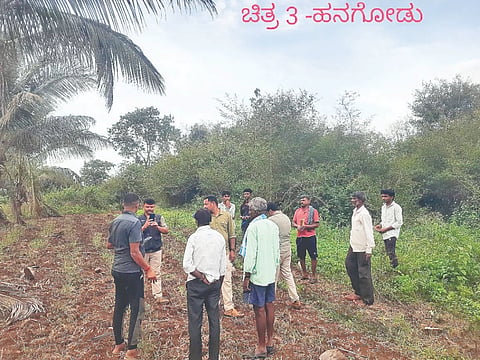 ಹನಗೋಡು ಹೋಬಳಿಯ ವಡ್ಡಂಬಾಳು ಗ್ರಾಮದಲ್ಲಿ ಜಾನುವಾರು ಕಾಡುಪ್ರಾಣಿಯ ದಾಳಿಗೆ ತುತ್ತಾಗಿರುವ ಸ್ಥಳ ಪರಿಶೀಲನೆ ನಡೆಸುತ್ತಿರುವ ಅರಣ್ಯ ಇಲಾಖೆ ಅಧಿಕಾರಿಗಳು.