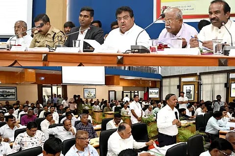 ವಿಜಯಪುರ ಜಿಲ್ಲಾ ಪಂಚಾಯಿತಿ ಸಭಾಂಗಣದಲ್ಲಿ ಸಚಿವ ಎಂ.ಬಿ. ಪಾಟೀಲರ ಅಧ್ಯಕ್ಷತೆಯಲ್ಲಿ ಕೆಡಿಪಿ ಸಭೆ ನಡೆಯಿತು. ಸಂಸದ ರಮೇಶ ಜಿಗಜಿಣಗಿ, ಜಿಲ್ಲಾಧಿಕಾರಿ ಡಾ.ಆನಂದ ಕೆ, ಎಸ್‌ಪಿ ಲಕ್ಷ್ಮಣ ನಿಂಬರಗಿ ಮತ್ತಿತರರಿದ್ದಾರೆ.