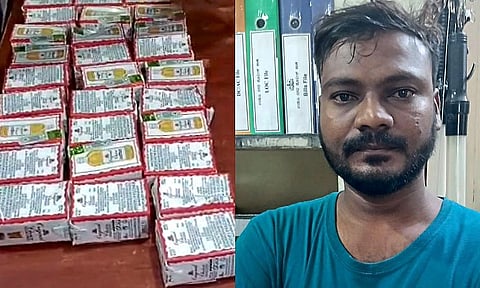 ಉಡುಪಿ ಪೊಲೀಸರು ವಶಪಡಿಸಿಕೊಂಡ ಅಕ್ರಮ ಮದ್ಯ ಹಾಗೂ ಬಂಧಿತ ಕಂಟ್ಯಪ್ಪ ಮೇಥಿ.