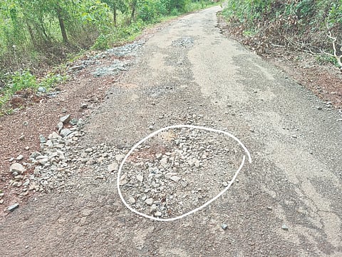  ಜಲ್ಲಿ ಹರಡಿರುವ ಪಂಜಿನಡ್ಕ-ಮೈಲೊಟ್ಟು ರಸ್ತೆ.  