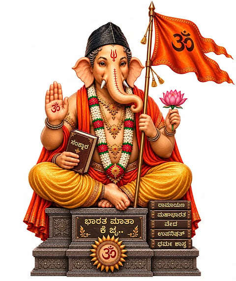 flag ಹುಬ್ಬಳ್ಳಿಯ ರಾಣಿ ಚನ್ನಮ್ಮ (ಈದ್ಗಾ) ಮೈದಾನದಲ್ಲಿ ಪ್ರತಿಷ್ಠಾಪನೆಗೊಳ್ಳಲಿರುವ ಭಗವಾಧ್ವಜ ಹಿಡಿದ ಗಣೇಶನ ಮೂರ್ತಿ.